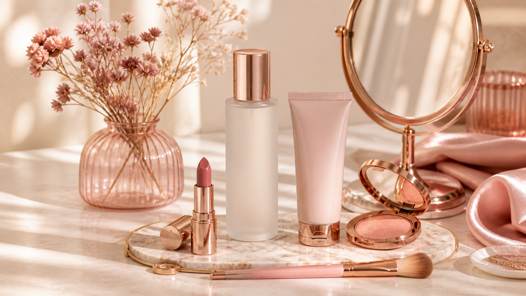 Composición editorial de belleza en tonos blush y rose gold